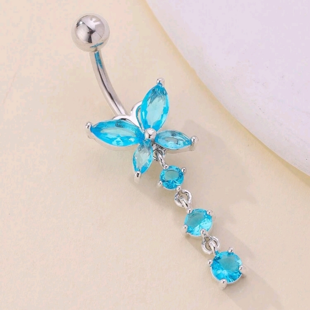 14G Stainless Steel Blue Butterfly Bellybutton Ring W/3 Dangling Stones (OS) 🦋